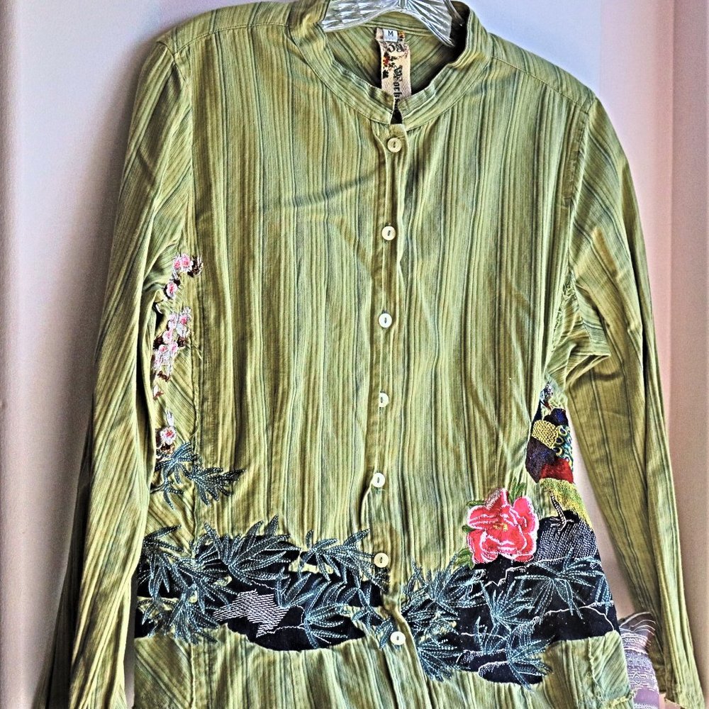 Johnny Was Olive Button Down with Floral Accents